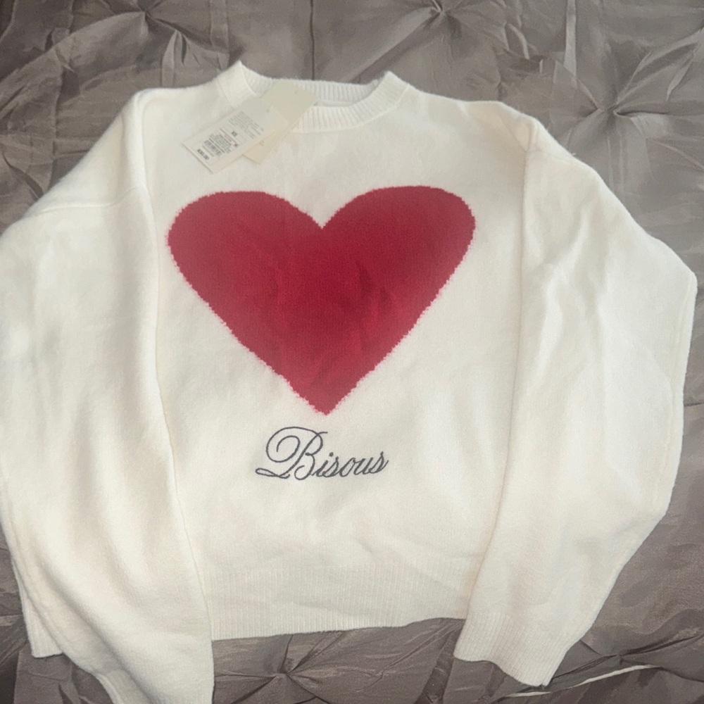 White and Red Heart Sweater size XS